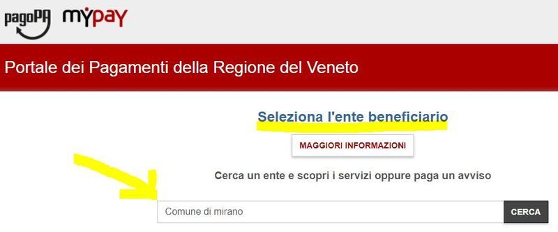 Nel portale PagoPa MyPay seleziona l’ente “Comunedi Mirano”